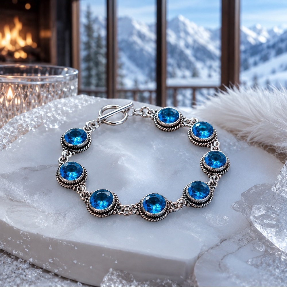 Artisan Hand Crafted Blue Topaz • Bracelet with Brilliant Blue Cabochon Stones